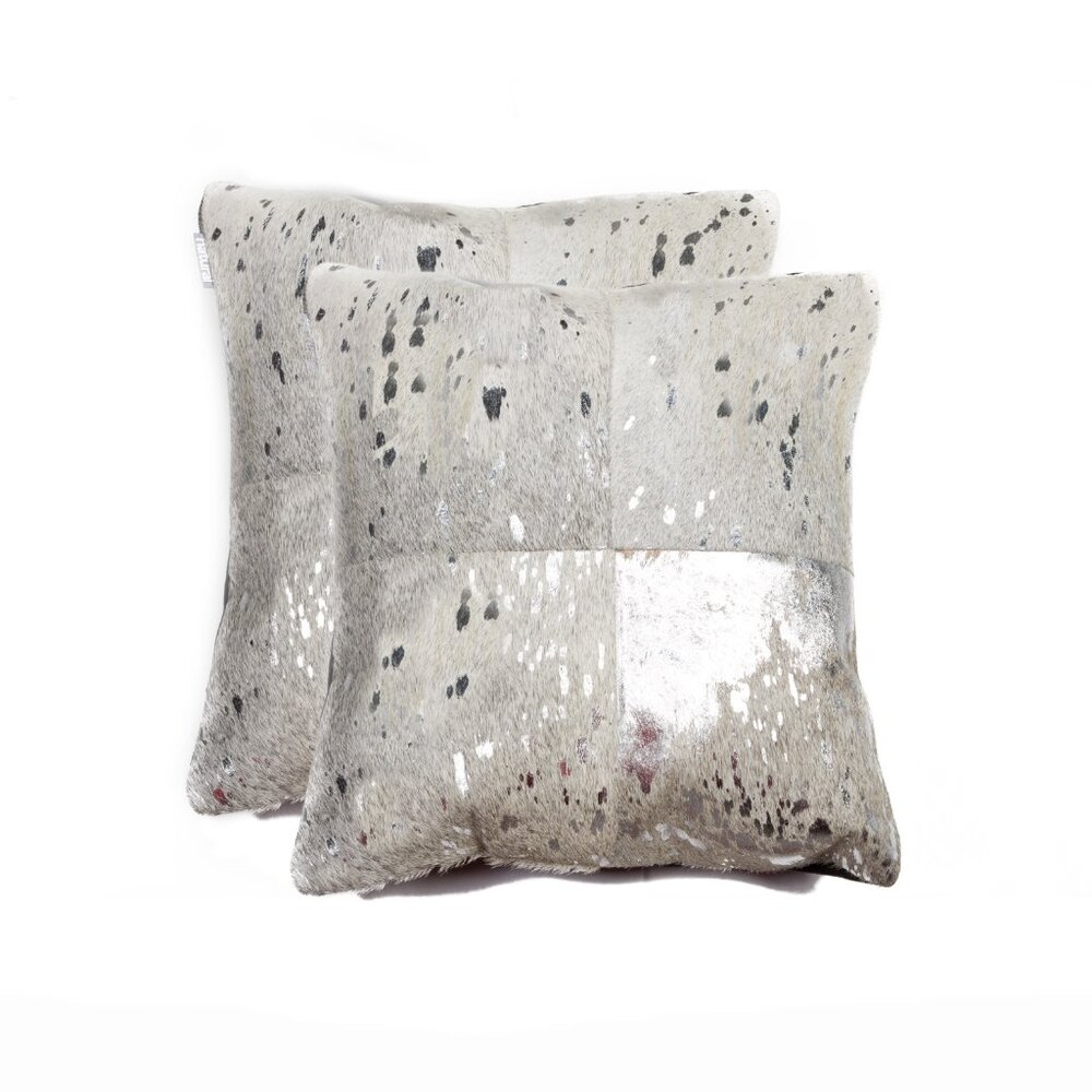Natural Home Decor Torino Cowhide Pillow | 2-Piece | Silver & grey | 18"x18"